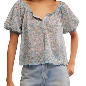 Free People Floral Puff-Sleeve Button Front Top